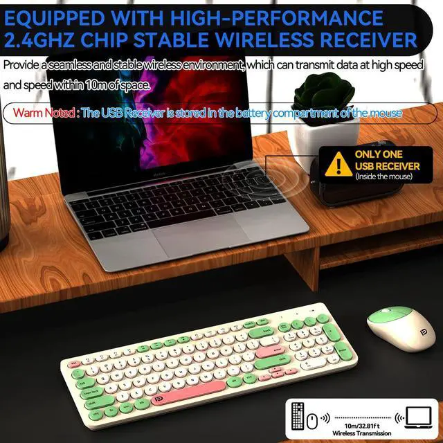 Alt view image 2 of 6 - Wireless Keyboards and Mouse Combo - 2.4GHz USB Cordless, Cute Wireless Keyboard Round Keys, Quiet and Slim Set for Laptop, Computer, TV and Mac - Milky White Green Colorful