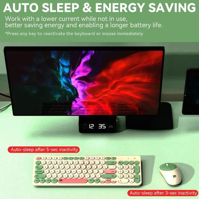 Alt view image 3 of 6 - Wireless Keyboards and Mouse Combo - 2.4GHz USB Cordless, Cute Wireless Keyboard Round Keys, Quiet and Slim Set for Laptop, Computer, TV and Mac - Milky White Green Colorful