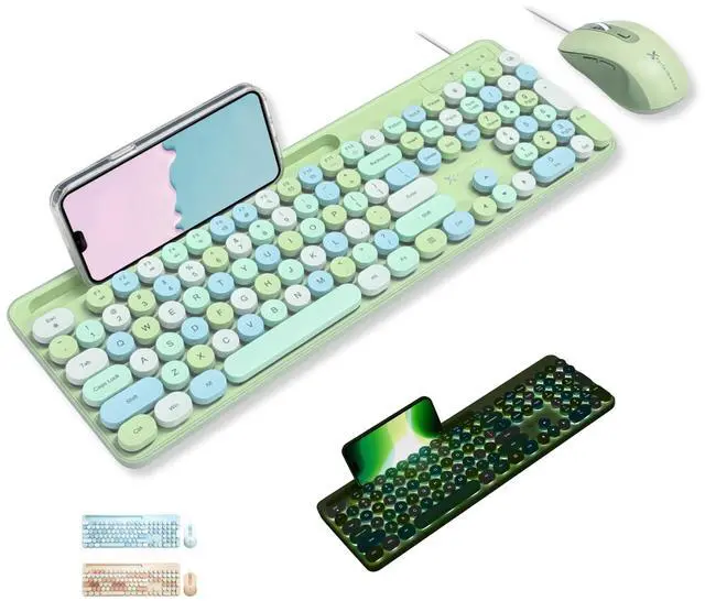 Main image of X9 Wired Keyboard and Mouse Combo - Retro Typewriter Keyboard with Round Keycaps, Soft White Backlight, Phone Dock, 109 Full-Size Keys, Cute Wired Green Keyboard and Mouse for Laptop, PC & Chromebook