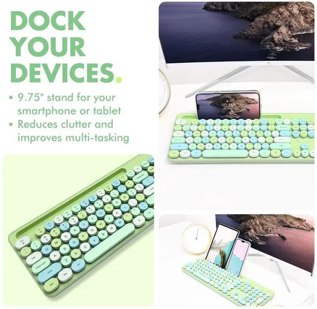 Alt view image 6 of 7 - X9 Wired Keyboard and Mouse Combo - Retro Typewriter Keyboard with Round Keycaps, Soft White Backlight, Phone Dock, 109 Full-Size Keys, Cute Wired Green Keyboard and Mouse for Laptop, PC & Chromebook