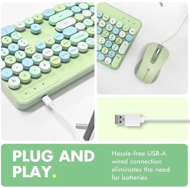 Alt view image 3 of 7 - X9 Wired Keyboard and Mouse Combo - Retro Typewriter Keyboard with Round Keycaps, Soft White Backlight, Phone Dock, 109 Full-Size Keys, Cute Wired Green Keyboard and Mouse for Laptop, PC & Chromebook