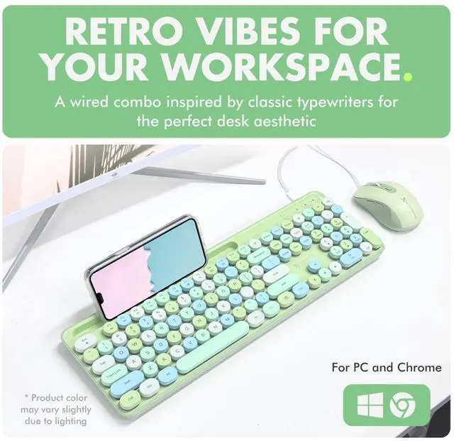 Alt view image 5 of 7 - X9 Wired Keyboard and Mouse Combo - Retro Typewriter Keyboard with Round Keycaps, Soft White Backlight, Phone Dock, 109 Full-Size Keys, Cute Wired Green Keyboard and Mouse for Laptop, PC & Chromebook