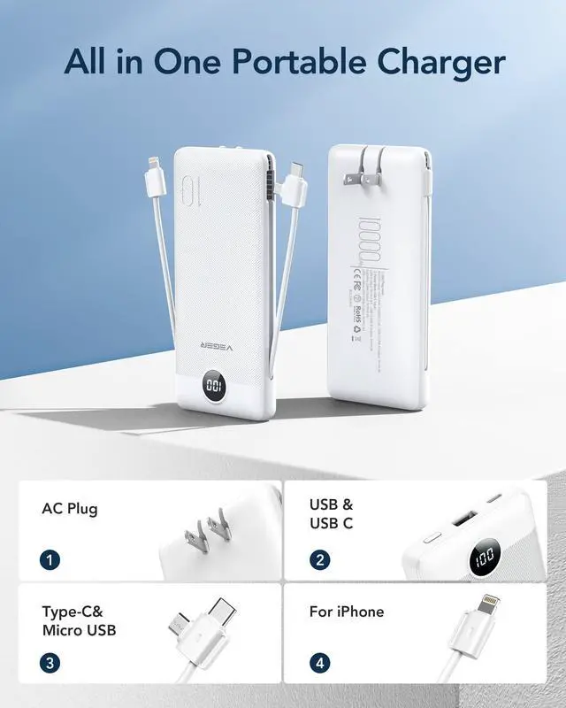 Alt view image 2 of 7 - Portable Charger with Built-in AC Plug and Cables, All in One 10000mAh Ultra Slim Power Bank Travel Essentials, 15W Fast Charging Battery Pack Compatible with iPhone, Samsung, Android (White)