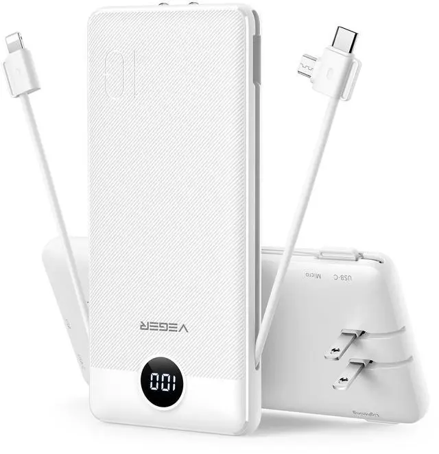Main image of Portable Charger with Built-in AC Plug and Cables, All in One 10000mAh Ultra Slim Power Bank Travel Essentials, 15W Fast Charging Battery Pack Compatible with iPhone, Samsung, Android (White)