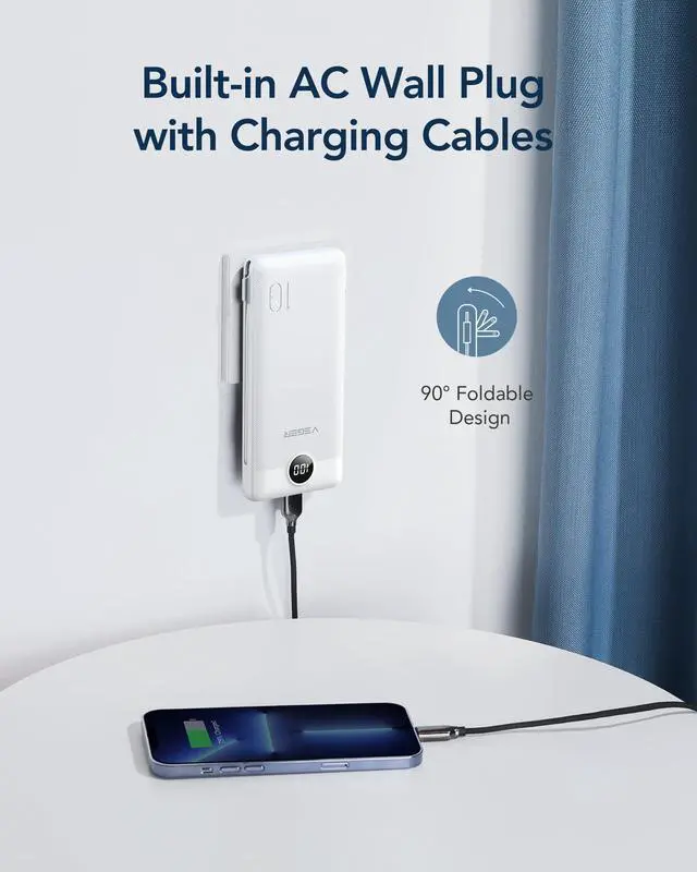 Alt view image 3 of 7 - Portable Charger with Built-in AC Plug and Cables, All in One 10000mAh Ultra Slim Power Bank Travel Essentials, 15W Fast Charging Battery Pack Compatible with iPhone, Samsung, Android (White)