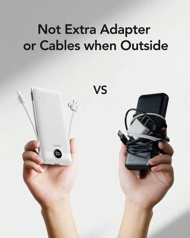 Alt view image 7 of 7 - Portable Charger with Built-in AC Plug and Cables, All in One 10000mAh Ultra Slim Power Bank Travel Essentials, 15W Fast Charging Battery Pack Compatible with iPhone, Samsung, Android (White)