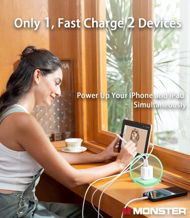 Alt view image 3 of 6 - Monster 65W USB C Phone Charger 3.9 FT Cable, iPhone Charger Fast Charging Block, 2-Port PPS GaN C Chargers Fast Charging for iPhone 17/16 Pro Max/15, iPad, MacBook, Galaxy S25