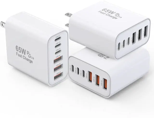 Main image of 3 Pack 65W GaN Type C Wall Charger Block,6-Port Fast Charging Block,PD USB C Plug Adapter+QC Plug Compatible with Apple iPhone 17/17 Air/16E/16Pro Max/16Plus/16/15/14/13/12/11/XS Max,iPad Pro,AirPods