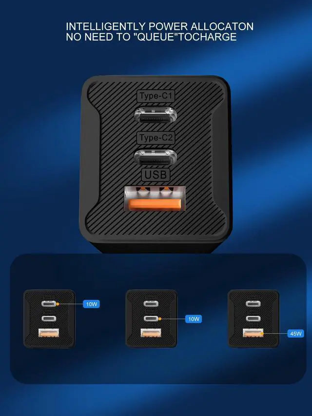 Alt view image 2 of 6 - 65W USB C Charger, 3-Port PD Fast Charger Block Compact USB-C Power Adapter for MacBook Pro/Air, iPhone 16/15/14, iPad Pro/Air, Galaxy, Steam Deck, Dell XPS 13 & More (Black, No Cable)