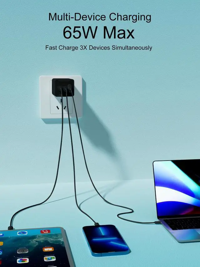 Alt view image 3 of 6 - 65W USB C Charger, 3-Port PD Fast Charger Block Compact USB-C Power Adapter for MacBook Pro/Air, iPhone 16/15/14, iPad Pro/Air, Galaxy, Steam Deck, Dell XPS 13 & More (Black, No Cable)