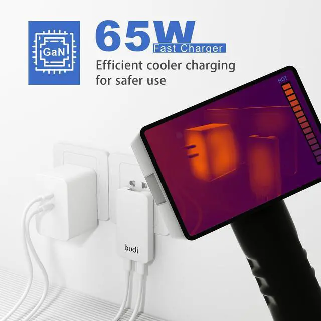 Alt view image 3 of 7 - BUDI 65W Ultra-Slim GaN Fast Charger, Dual USB-C Ports, Compact Travel & Office Charger for MacBook Pro/iPhone/Samsung(65W Type-C)