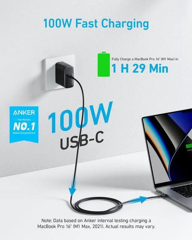 Alt view image 2 of 7 - Laptop Charger, Compact Foldable 100W USB C Charger with 5FT Cable