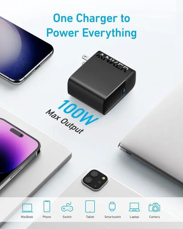 Alt view image 3 of 7 - Laptop Charger, Compact Foldable 100W USB C Charger with 5FT Cable
