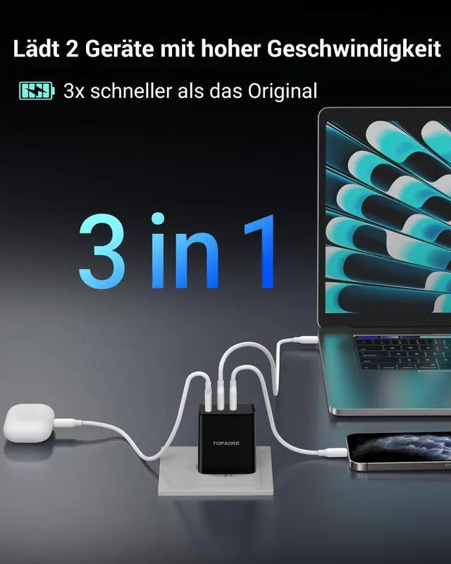 Alt view image 3 of 7 - 65W USB C Charger Block, 3 Ports GaN Wall Charger Foldable Compact Type C Fast Charging for MacBook iPad Pro/Air, iPhone 15/16 Pro/Pro Max, for Samsung Galaxy S24/S23, Black