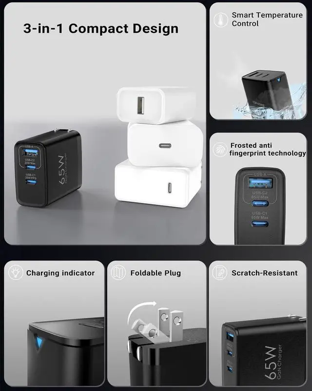 Alt view image 6 of 7 - 65W USB C Charger Block, 3 Ports GaN Wall Charger Foldable Compact Type C Fast Charging for MacBook iPad Pro/Air, iPhone 15/16 Pro/Pro Max, for Samsung Galaxy S24/S23, Black