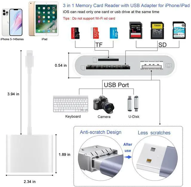 Alt view image 2 of 6 - SZHAIYIJIN SD Card Reader for iPhone, Memory Card Reader with USB Camera Adapter Plug and Play Trail Game Camera Viewer Supports SD and TF Card MicroSD Card Adapter for iPad No App Required