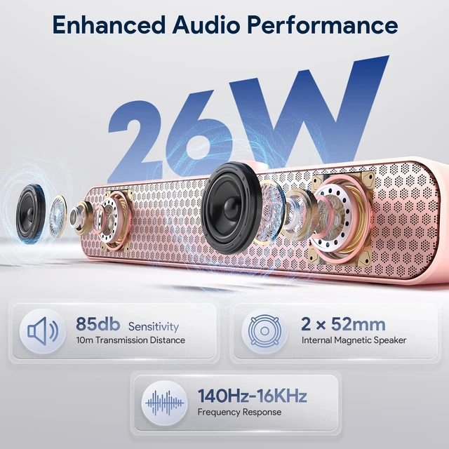 Alt view image 4 of 7 - Bluetooth Speaker with 26W HD Sound, Portable Speaker Up to 30H Playtime, AUX&TF-Card&USB Input, LED Lights, Speakers Bluetooth 5.3 Wireless for Home/Party/Outdoor, Birthday Gift (Pink)