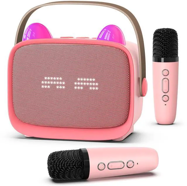 Main image of Mgaolo Upgraded Mini Karaoke Machine Toy for Kids, Portable Bluetooth Speaker with 2 Wireless Mics, Emoji & Colorful LED Lights, Home Travel & Party Play Gifts for Boys Girls (Pink)