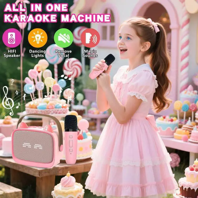 Alt view image 2 of 7 - Mgaolo Upgraded Mini Karaoke Machine Toy for Kids, Portable Bluetooth Speaker with 2 Wireless Mics, Emoji & Colorful LED Lights, Home Travel & Party Play Gifts for Boys Girls (Pink)
