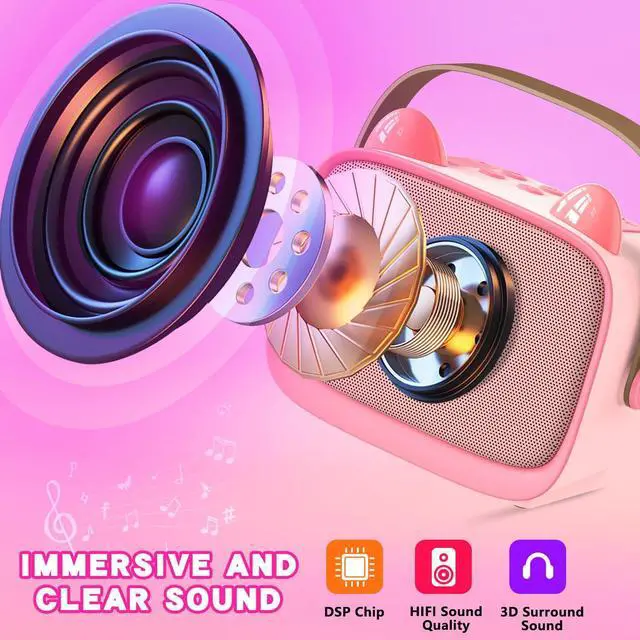 Alt view image 3 of 7 - Mgaolo Upgraded Mini Karaoke Machine Toy for Kids, Portable Bluetooth Speaker with 2 Wireless Mics, Emoji & Colorful LED Lights, Home Travel & Party Play Gifts for Boys Girls (Pink)