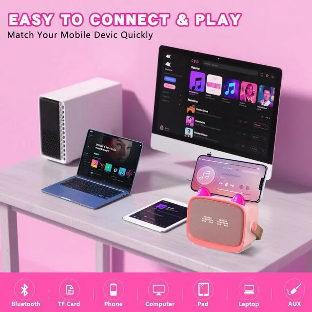 Alt view image 4 of 7 - Mgaolo Upgraded Mini Karaoke Machine Toy for Kids, Portable Bluetooth Speaker with 2 Wireless Mics, Emoji & Colorful LED Lights, Home Travel & Party Play Gifts for Boys Girls (Pink)