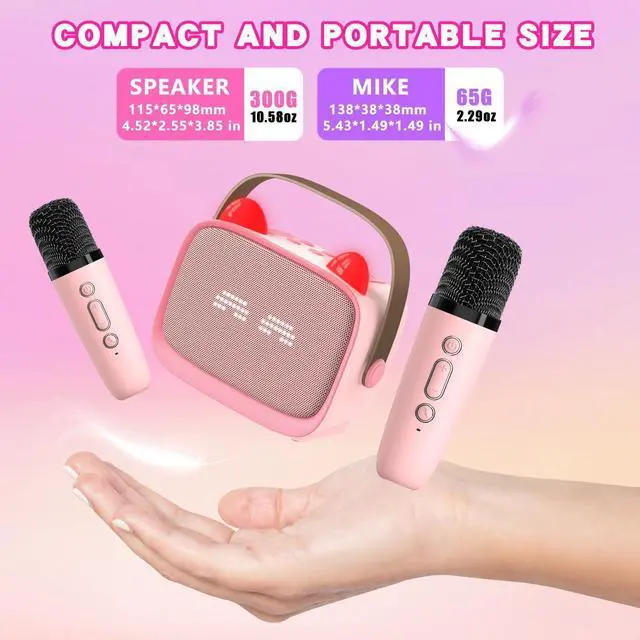 Alt view image 7 of 7 - Mgaolo Upgraded Mini Karaoke Machine Toy for Kids, Portable Bluetooth Speaker with 2 Wireless Mics, Emoji & Colorful LED Lights, Home Travel & Party Play Gifts for Boys Girls (Pink)