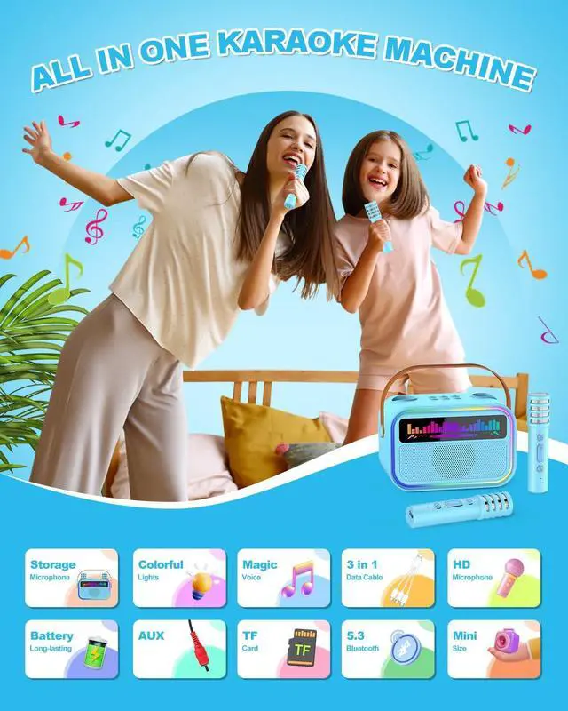 Alt view image 2 of 7 - Karaoke Machine for Kids Adults, Birthday Gifts Toys for Girls Boys Age 3-12+,Mini Portable Bluetooth Singing Speaker with 2 Wireless Microphones & LED Lights (Blue)