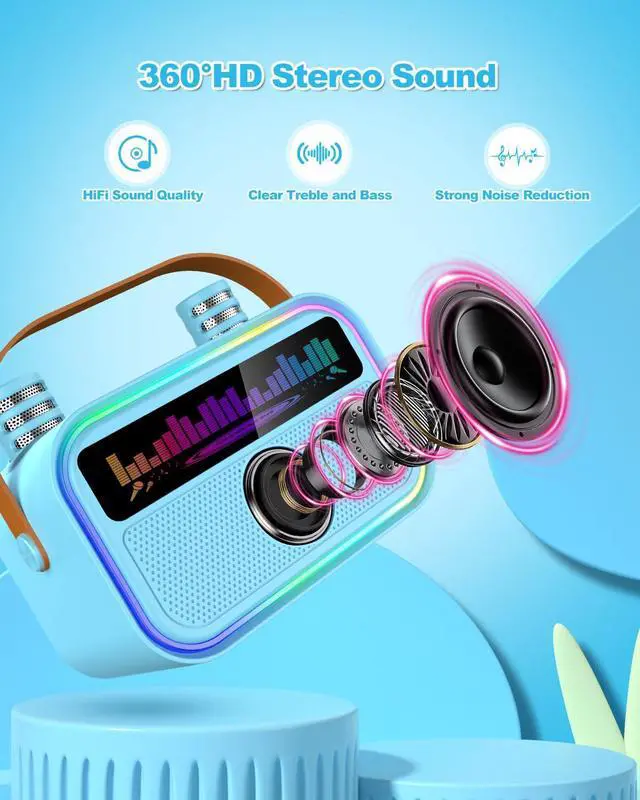 Alt view image 3 of 7 - Karaoke Machine for Kids Adults, Birthday Gifts Toys for Girls Boys Age 3-12+,Mini Portable Bluetooth Singing Speaker with 2 Wireless Microphones & LED Lights (Blue)