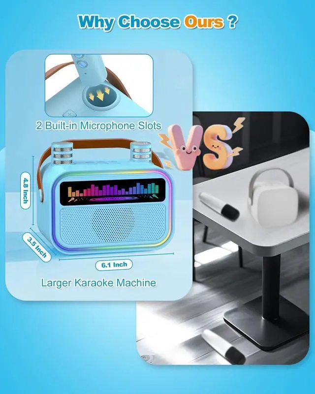 Alt view image 4 of 7 - Karaoke Machine for Kids Adults, Birthday Gifts Toys for Girls Boys Age 3-12+,Mini Portable Bluetooth Singing Speaker with 2 Wireless Microphones & LED Lights (Blue)