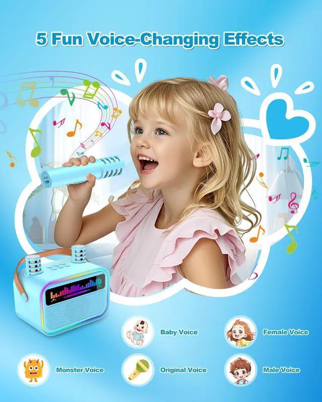 Alt view image 5 of 7 - Karaoke Machine for Kids Adults, Birthday Gifts Toys for Girls Boys Age 3-12+,Mini Portable Bluetooth Singing Speaker with 2 Wireless Microphones & LED Lights (Blue)