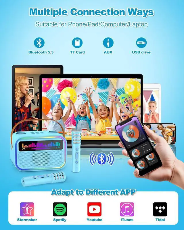 Alt view image 6 of 7 - Karaoke Machine for Kids Adults, Birthday Gifts Toys for Girls Boys Age 3-12+,Mini Portable Bluetooth Singing Speaker with 2 Wireless Microphones & LED Lights (Blue)