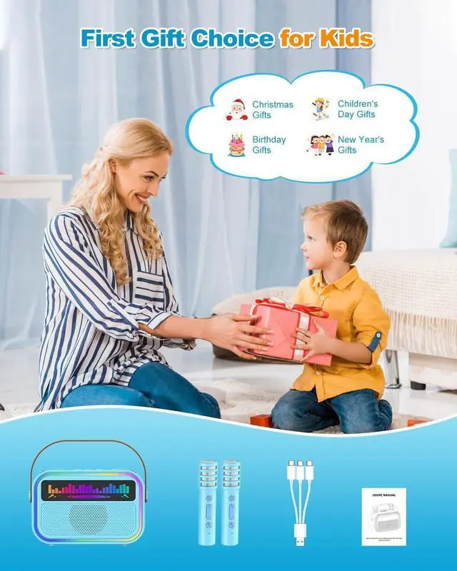 Alt view image 7 of 7 - Karaoke Machine for Kids Adults, Birthday Gifts Toys for Girls Boys Age 3-12+,Mini Portable Bluetooth Singing Speaker with 2 Wireless Microphones & LED Lights (Blue)