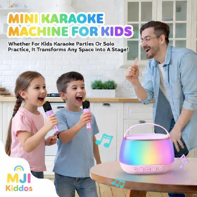 Alt view image 6 of 7 - MJI Kiddos Kids Mini Karaoke Machine with 2 Wireless Microphones, Bluetooth Portable Karaoke Speaker Toy with Voice Changer & Colorful LED Lights, Gift for Boys & Girls Adults
