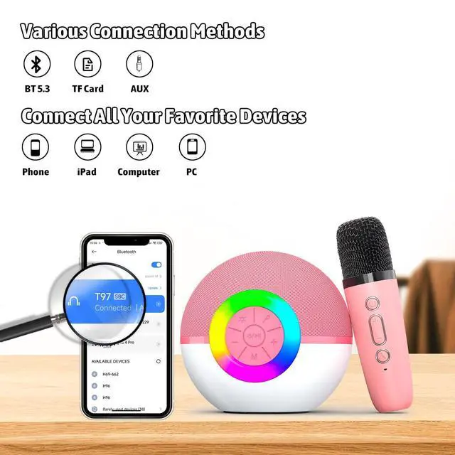 Alt view image 2 of 7 - Heroange Karaoke Microphone Machine Toys for Kids Adults, Mini Portable Bluetooth Speaker with 2 Wireless Mics, Christmas Birthday Gifts for Boys Girls Ages 3 4 5 6 7 8 9 10 11 12+ Year (Pink)