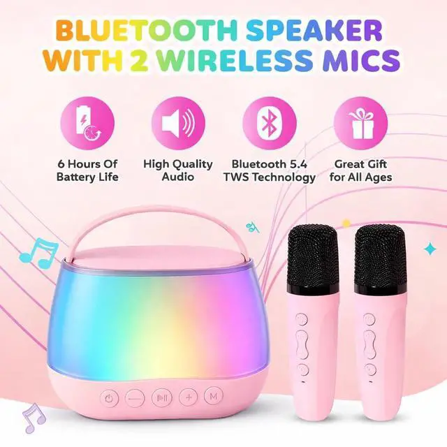 Alt view image 4 of 7 - MJI Kiddos Kids Mini Karaoke Machine with 2 Wireless Microphones, Bluetooth Portable Karaoke Speaker Toy with Voice Changer & Colorful LED Lights, Gift for Boys & Girls Adults