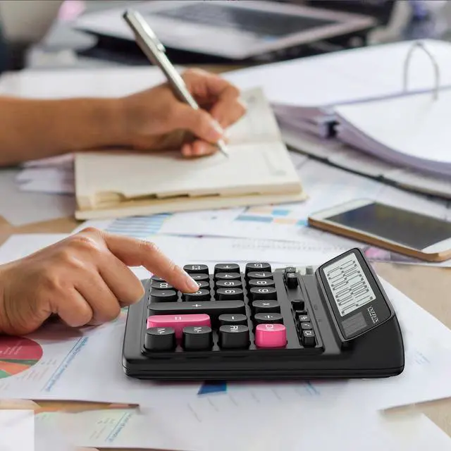 Alt view image 3 of 7 - Desktop Calculator with Extra Large 5-Inch LCD Display, 12-Digit Two Way Power Solar & Battery Office Calculator with Big Buttons for Business, Accounting & Home Use(Black)