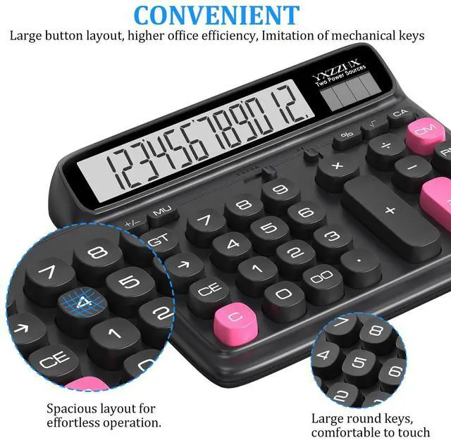 Alt view image 4 of 7 - Desktop Calculator with Extra Large 5-Inch LCD Display, 12-Digit Two Way Power Solar & Battery Office Calculator with Big Buttons for Business, Accounting & Home Use(Black)