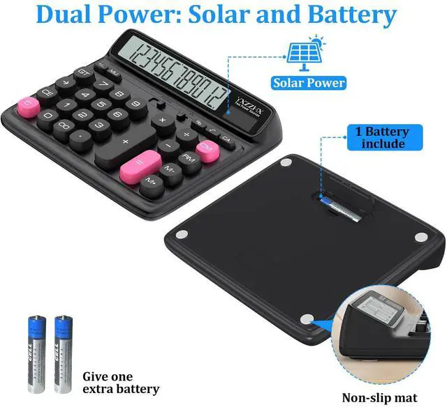 Alt view image 6 of 7 - Desktop Calculator with Extra Large 5-Inch LCD Display, 12-Digit Two Way Power Solar & Battery Office Calculator with Big Buttons for Business, Accounting & Home Use(Black)
