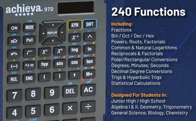 Alt view image 5 of 6 - Achieva Scientific Calculator with Erasable LCD Writing Tablet | 2-Line Display | Dual Solar & Battery Power | for Students in Middle School, High School (970)