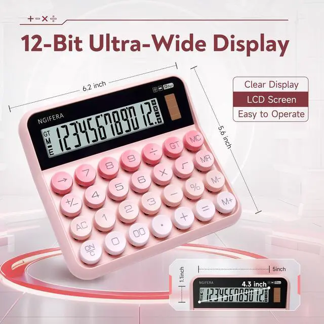 Alt view image 2 of 6 - NGIFERA Desk Calculator, 12 Digit Large LCD Display, Big Buttons, Ergonomic 15° Tilt, Real Mechanical Keypad, Desktop Calculator for Office and Study