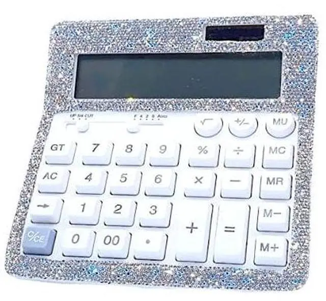 Main image of Rhinestone Crystal Calculator - Standard Desktop Calculator with 12 Digit LCD Display, Battery & Solar Powered, Bling Design for Women & Girls (White)