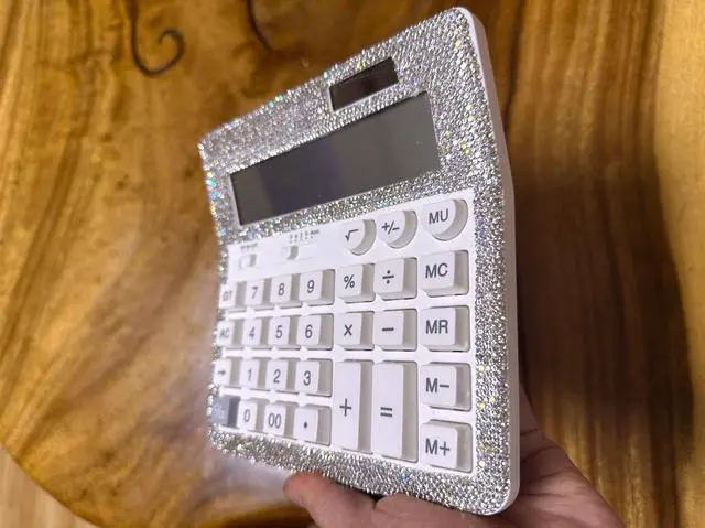 Alt view image 3 of 6 - Rhinestone Crystal Calculator - Standard Desktop Calculator with 12 Digit LCD Display, Battery & Solar Powered, Bling Design for Women & Girls (White)