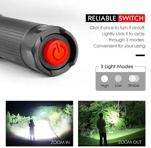 Alt view image 3 of 7 - WdtPro High-Powered LED Flashlight S3000, Super Bright Flashlights - High Lumen, IP67 Water Resistant, 3 Modes and Zoomable for Camping, Emergency, Hiking, Gift