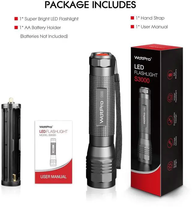 Alt view image 7 of 7 - WdtPro High-Powered LED Flashlight S3000, Super Bright Flashlights - High Lumen, IP67 Water Resistant, 3 Modes and Zoomable for Camping, Emergency, Hiking, Gift