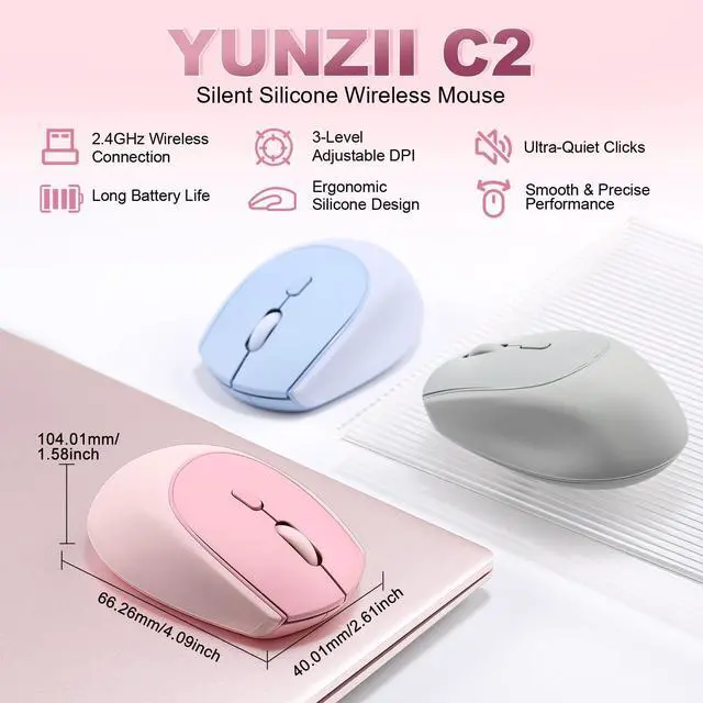 Alt view image 2 of 7 - YUNZII C2 Wireless Mouse,2.4GHz Cute Silicone Noiseless Wireless Computer Mouse, Quiet Clicks, 3 Adjustable DPI, 1600 DPI Optical Tracking, Portable Ergonomic Mice for Laptop/PC/Mac (Pink)