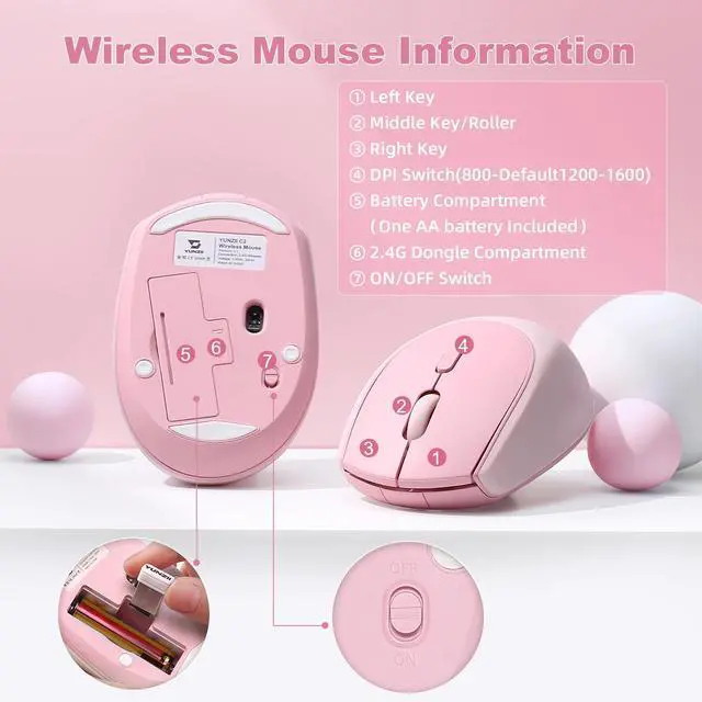 Alt view image 7 of 7 - YUNZII C2 Wireless Mouse,2.4GHz Cute Silicone Noiseless Wireless Computer Mouse, Quiet Clicks, 3 Adjustable DPI, 1600 DPI Optical Tracking, Portable Ergonomic Mice for Laptop/PC/Mac (Pink)
