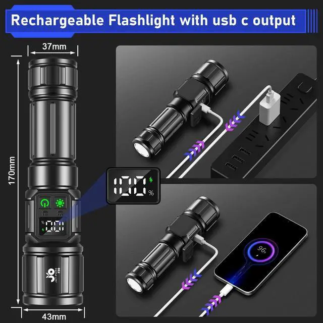Alt view image 5 of 7 - JAY-PARK Flashlights High Lumens, Rechargeable Flashlight 100000 Lumens with Magnetic, Bright Flash Light 9 Modes with 5000 mAh Battery, Tactical Flashlight for Camping, Hiking, Dog Walking