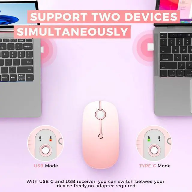 Alt view image 3 of 7 - VssoPlor Type C Wireless Mouse, USB C MacBook Wireless Mouse Dual Mode 2.4G Cordless Mice with Nano USB and Type C Receiver Compatible with PC, Laptop, MacBook, ipad-Gradient Pink