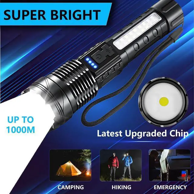 Alt view image 2 of 7 - Rechargeable LED Flashlights, 90,000 Lumens Super Bright Handheld FlashLight, 7 Modes with COB Work Light, IPX6 Waterproof, Adjustable Tactical Flash light for Home,Camping and Emergencies-2 Pack