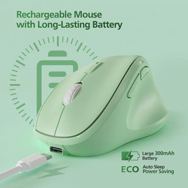 Alt view image 3 of 7 - Micropack Ergonomic Vertical Wireless Bluetooth Mouse for Laptop MacBook PC Rechargeable Silent Click 3-Mode Multi-Device 2.4G Adjustable DPI Compatible with Windows Android iOS MacOS Green